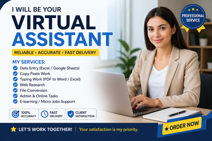 I will be your professional Virtual Assistant for Data Entry, Typing & Online Tasks