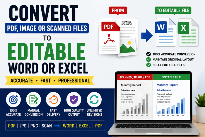 I will convert PDF, image, or scanned files to editable Word or Excel