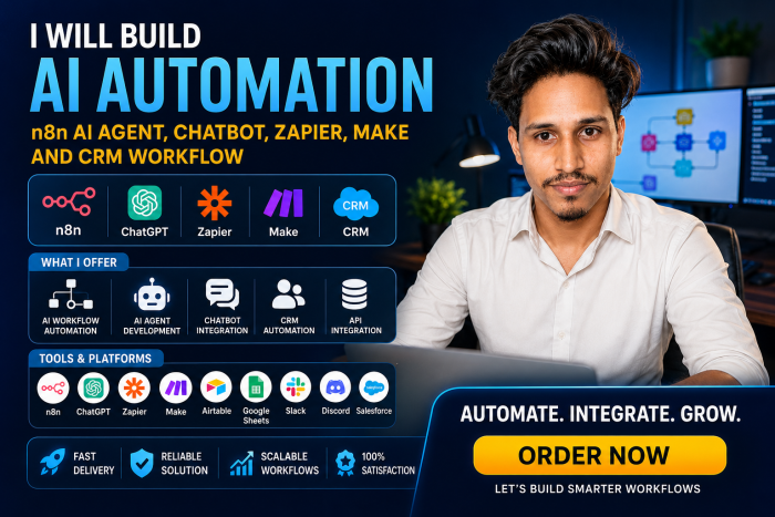 I Will Build Ai Automation, N8n Ai Agent, Chatbot, Zapier, Make and CRM Workflow