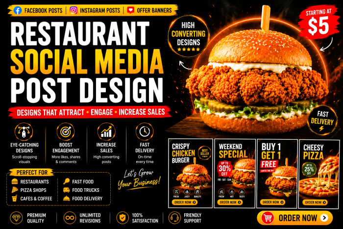 I will design professional, fast-food restaurant social media post designs for Facebook & Instagram