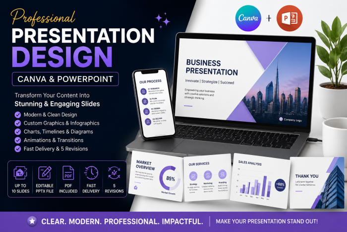 I will design a modern professional presentation in Canva or PowerPoint