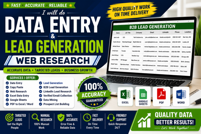 I will provide targeted B2B Lead Generation, LinkedIn Research and Verified Email List