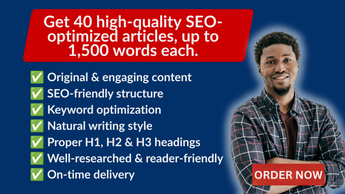 I will provide 40 SEO optimized articles of 1500 words each for your website
