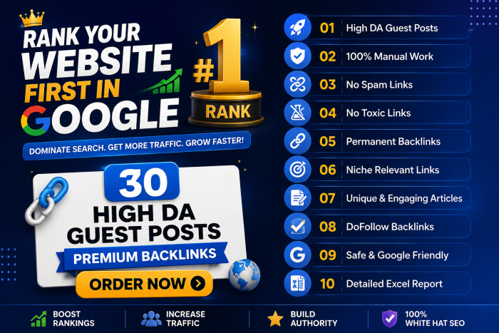 I Will Build 30 High DA Guest Post Backlinks to Rank Your Website