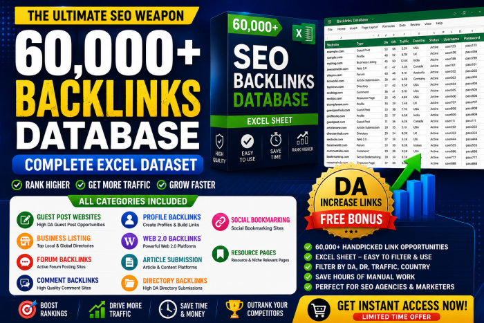 I Will Provide 60,000+ SEO Backlinks Database | Guest Posts, Profiles, Business Listings & More + FREE DA Increase