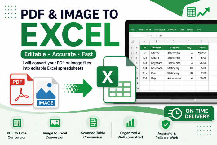I will convert PDF or image files to Excel spreadsheets
