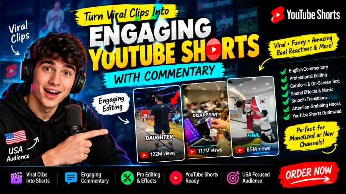 I will create viral clip in YouTube Shorts with commentary, editing and SEO