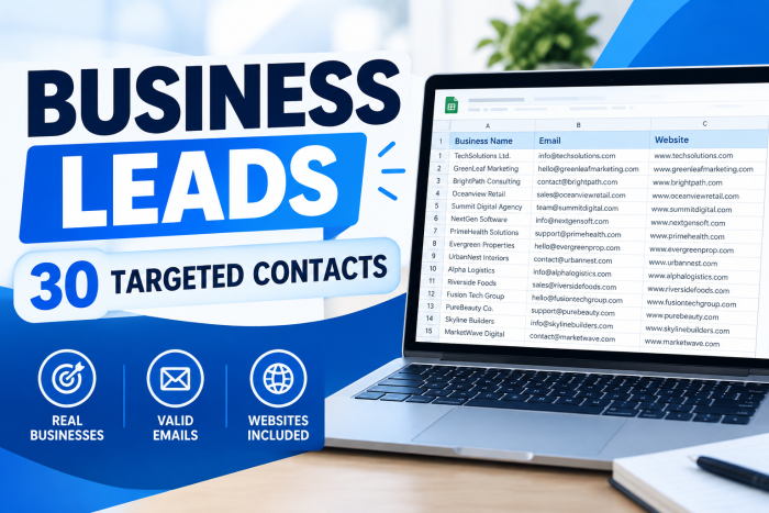 I will find 30 targeted business leads with verified contact details