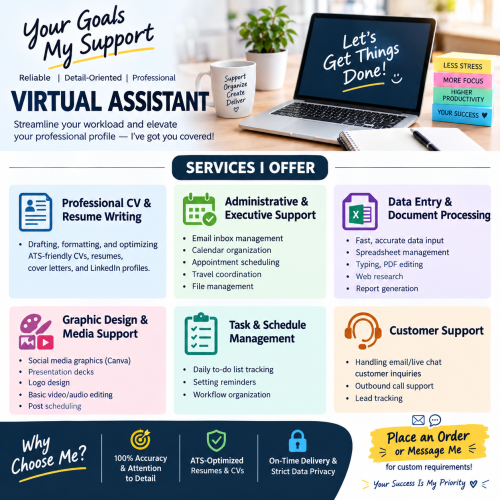 I will be your professional virtual assistant, data entry expert, and CV writer