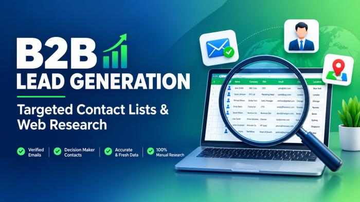 I will do B2B lead generation, targeted contact lists, and web research
